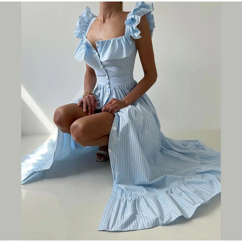 Fashionable Striped Ruffle Pleated Women's Dress Elegant Solid Square Neck Single Button Dresses Female Summer Chic Casual