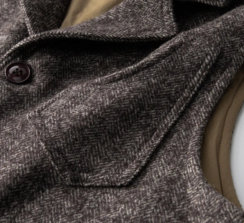 Good Quality Winter Fashion Men's Retro British Tweed Wool Vest Thick Double-Layer Multi-Pocket Suit-Collar Vest Warmth Top Male