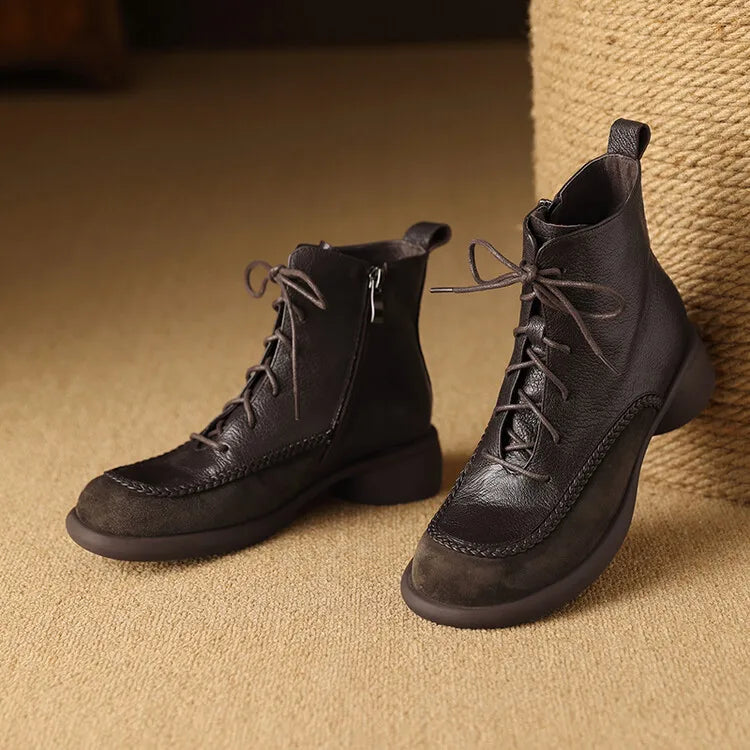New Autumn Winter Genuine Leather Women Boots Fashion Lace Ankle Boot for Women Short Boots Shoes Chunky Heel Botines Mujer