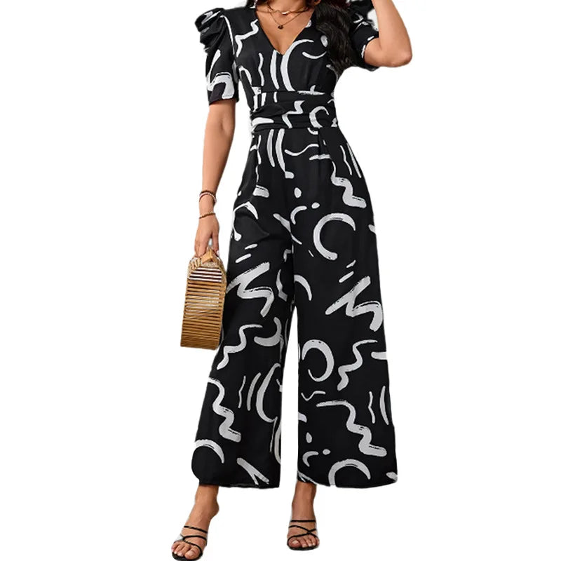 2026 spring new short-sleeved V-neck printed temperament elegant commuter style high waist wide leg jumpsuit