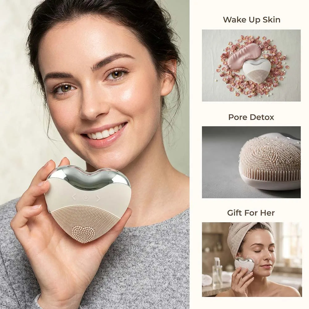 Factory Direct Love Heart Shaped Silicone Waterproof Vibrating Massage Face Cleansing Brush