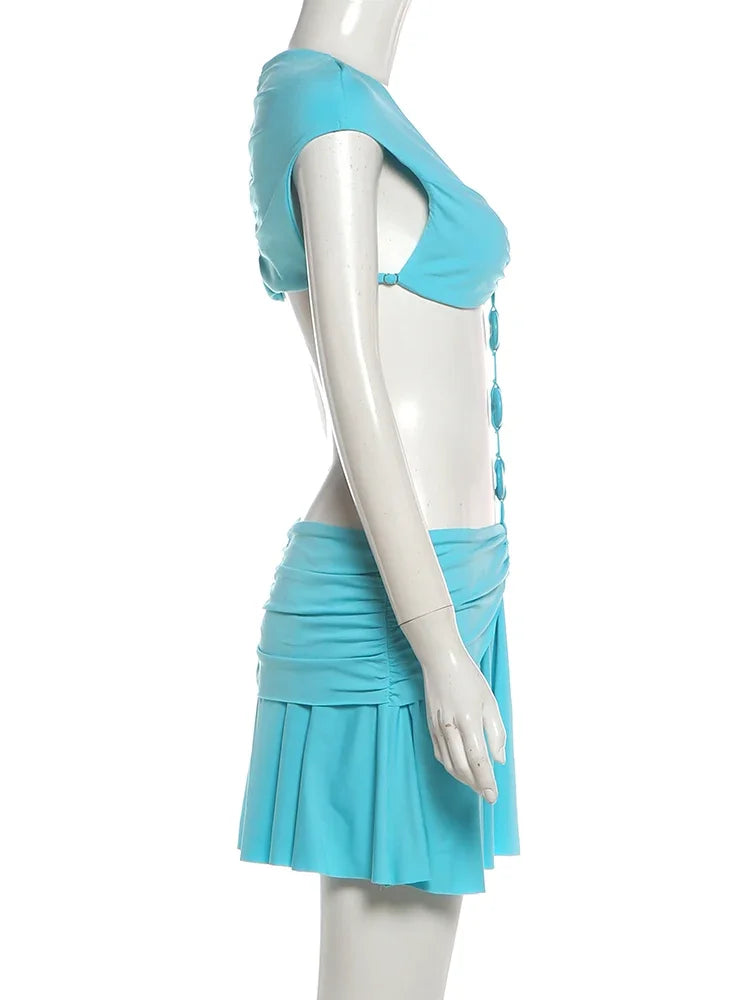 Joskaa Buckle Patchwork Blue Dress Woman Sexy  V-Neck Sleeveless Hollow Design Bodycon Mini Dresses Beachwear Party Clubwear