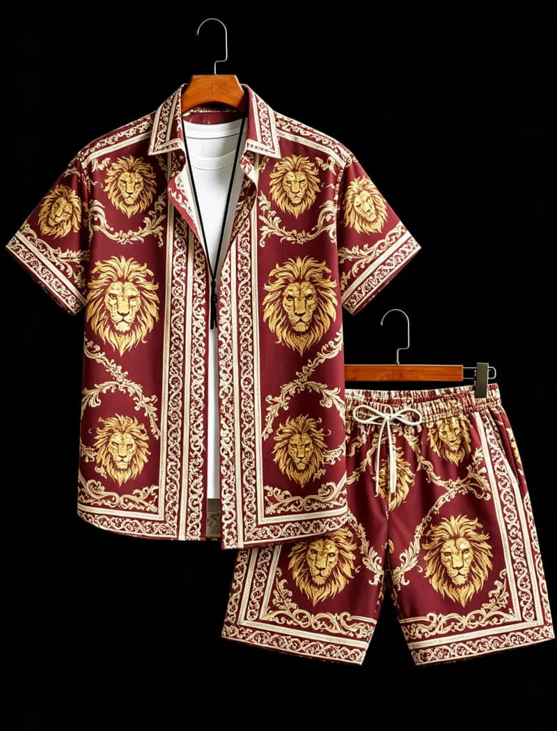 Men's Baroque Retro Printed Vacation Shirt set, Suitable For Beach Vacations And Luxurious Retro Style Outfits