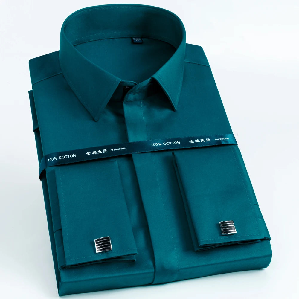 Men's 100% Cotton Iron-Free French Cuff Shirt Front Hidden Buttons Removable Collar Stays Formal Business Long Sleeve Shirts