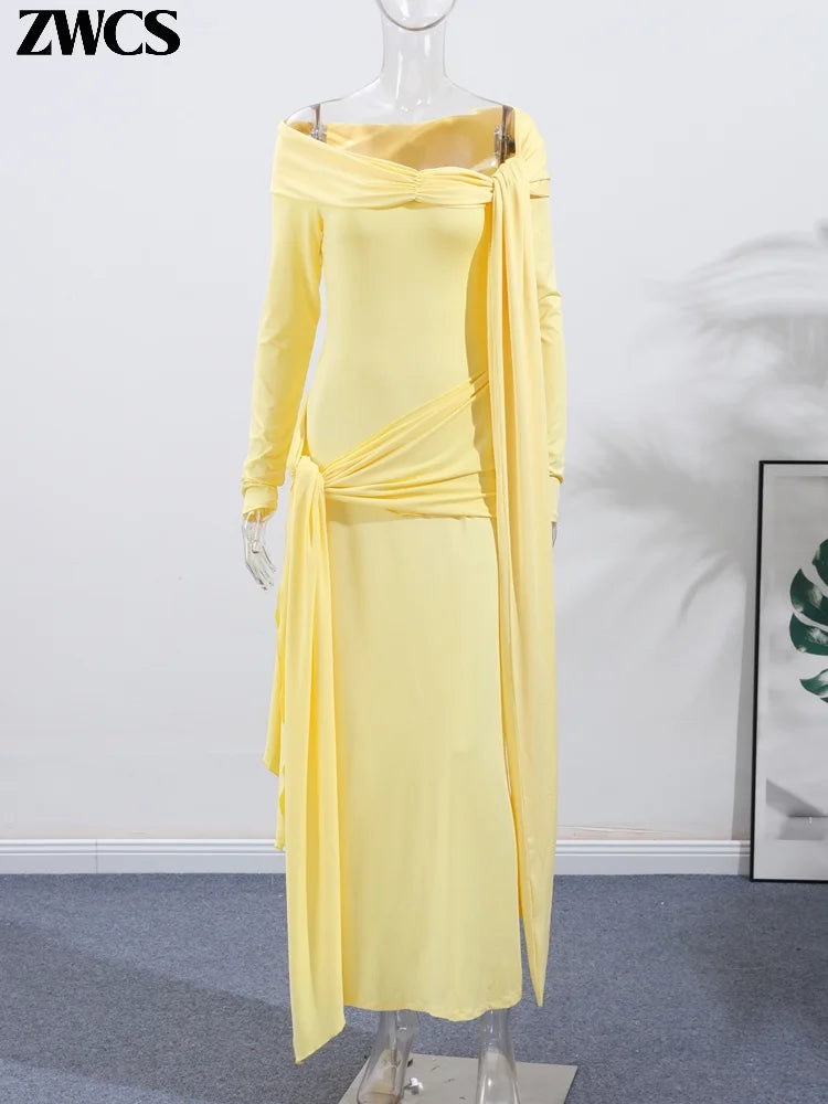 Yellow Pleated Off-shoulder Ribbon Dress Women's Sexy Lace Up Full Sleeve Bodycon Dresses 2025 Autumn New Elegant Party Vestidos