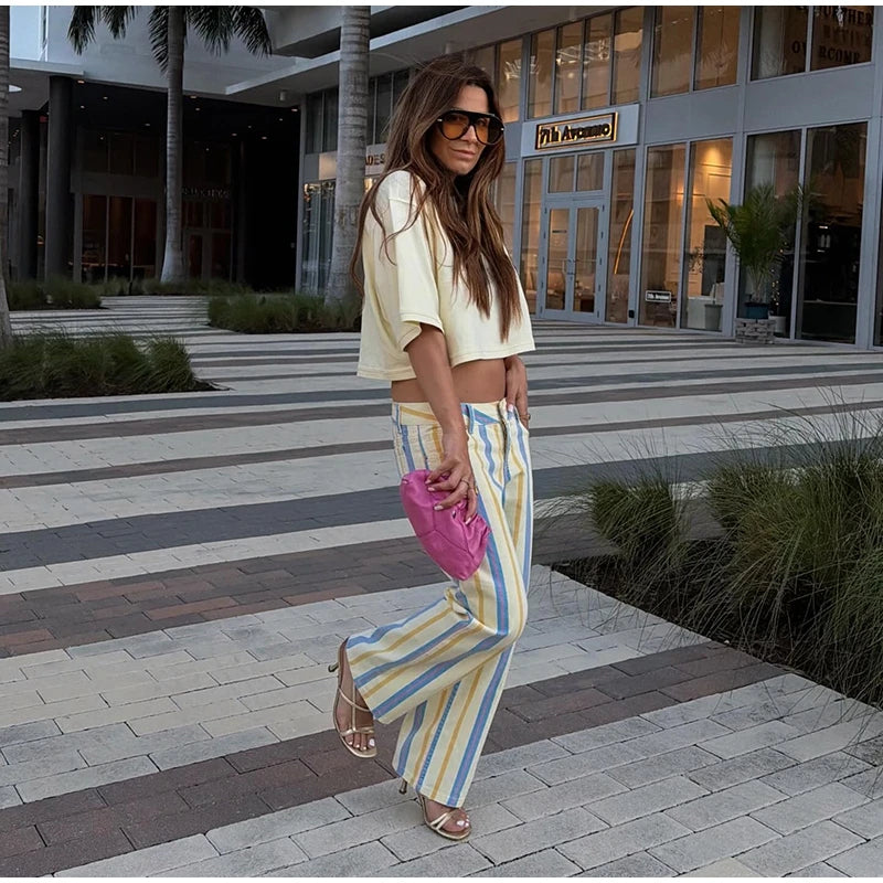 Women Striped Trousers Curved Knife Jeans  High Waist Contrasting Color Loose Versatile Casual Long Pants Women's Aladdin Pants
