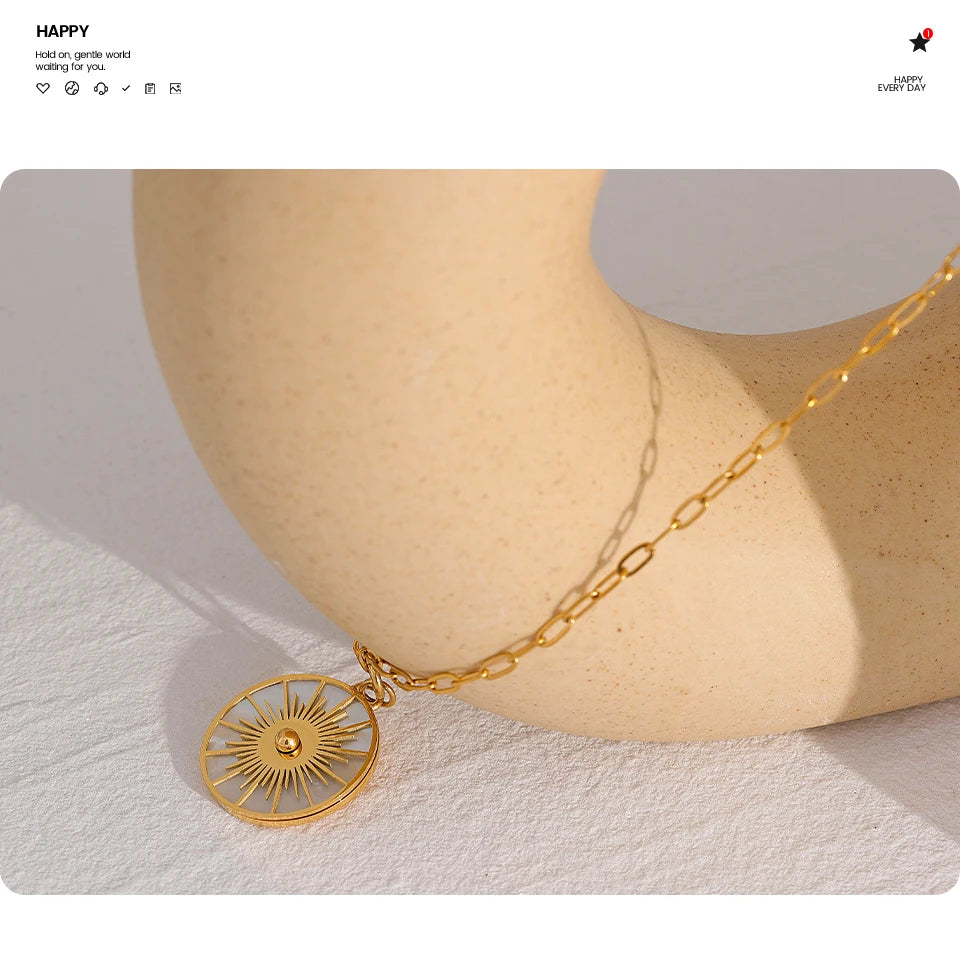 Yhpup Big Round Geometric Short Chain Statement Necklace Stainless Steel Golden Shell Fashion Vintage Pendant Collier PVD-Plated