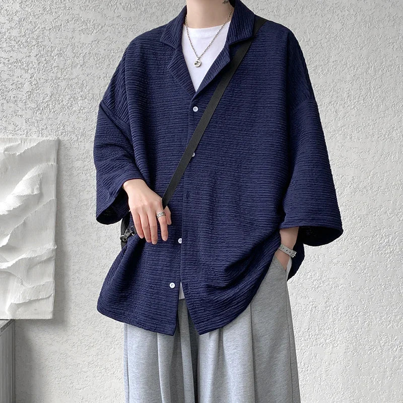 LEGIBLE Spring Summer Solid Shirts Men Casual Oversized Three Quarter Shirts Male Loose Fit Shirt for Man