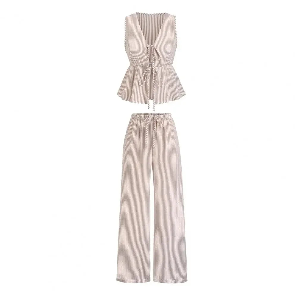 Women's Striped 2 Piece Outfits Tie Front Ruffle Tank Top Loose Fit Women Suit Summer Casual Sleeveless Lounge Sets