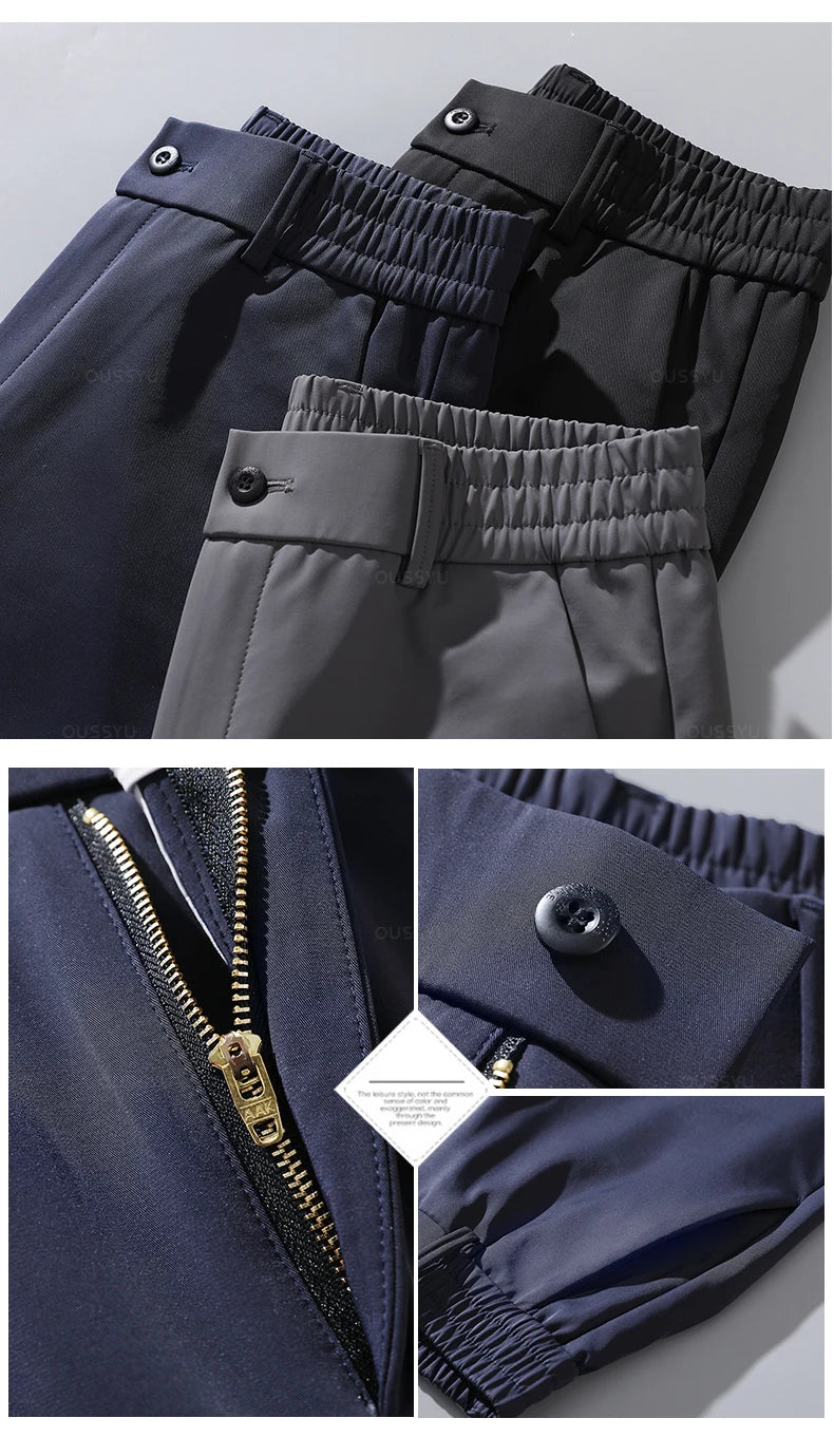 Autumn Winter Casual Pants Men Thick Business Stretch Slim Elastic Waist Jogger Korean Classic Black Gray Blue Trouser Male