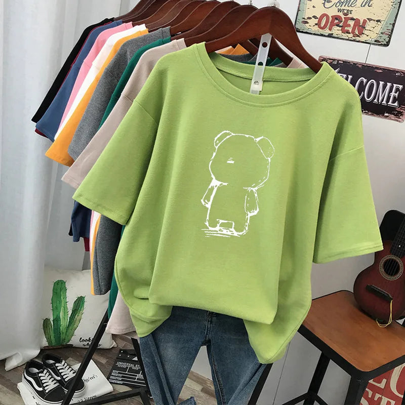 plus Size Women's Cotton T-Shirt Loose Fit Short Sleeve round Neck Print Design Comfortable Casual Style Korean Fashion