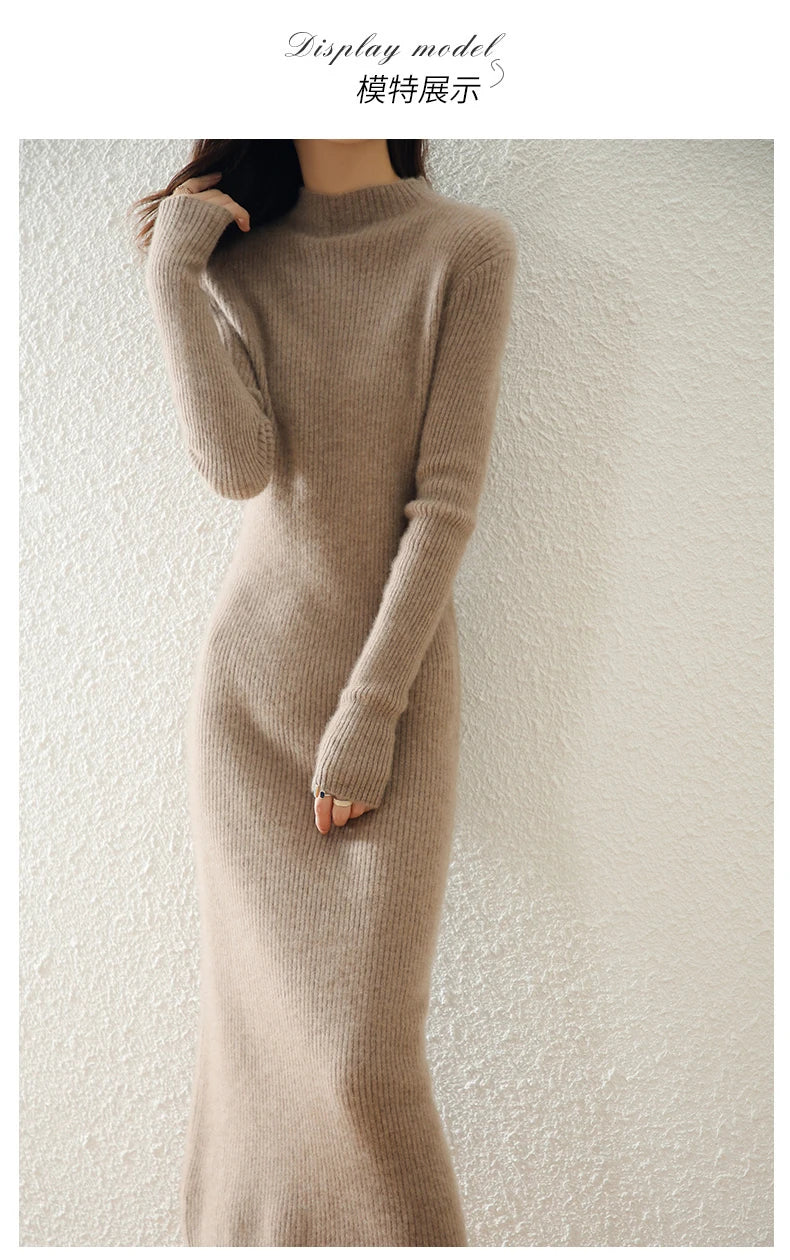 Autumn and winter semi high neck drawstring high elasticity slim fit 100% wool pullover dress, mid length over knee cashmere