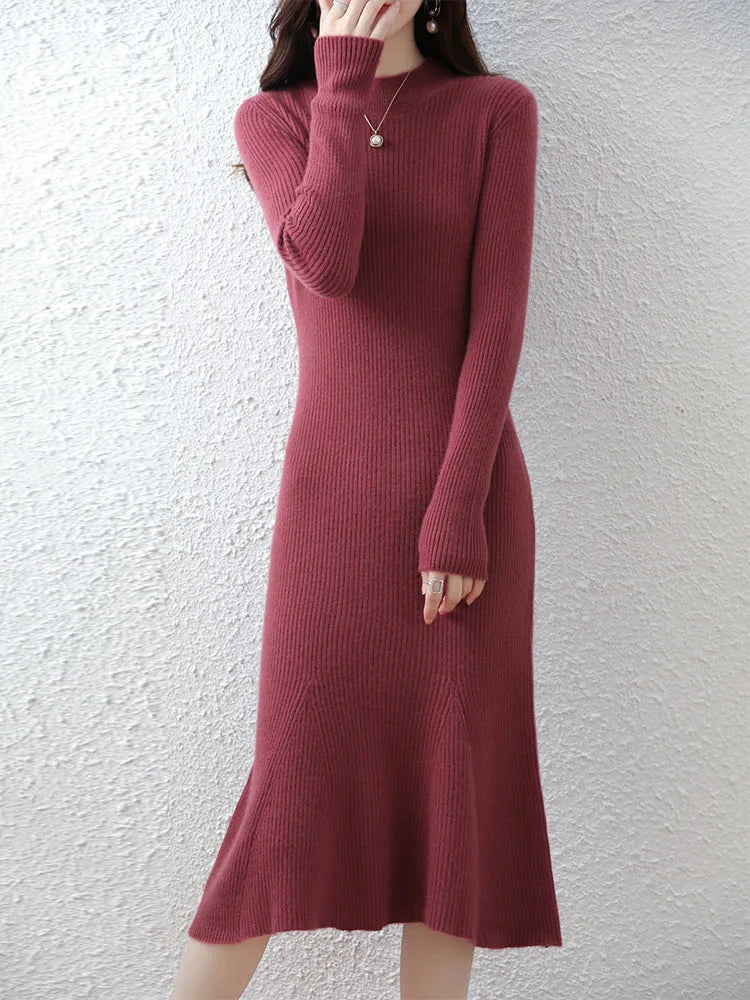 Cashmere Sweater Women's Knitted Dresses 100% Merino Wool O-Neck Elegant Party Dress Autumn Winter Female Pullover Casual Skirts