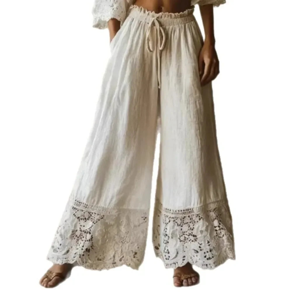 Women's Wide Leg Pants High Waist Drawstring Lace Trim Palazzo Trousers Casual Vintage Loose Elastic Waist Summer Beach Pants
