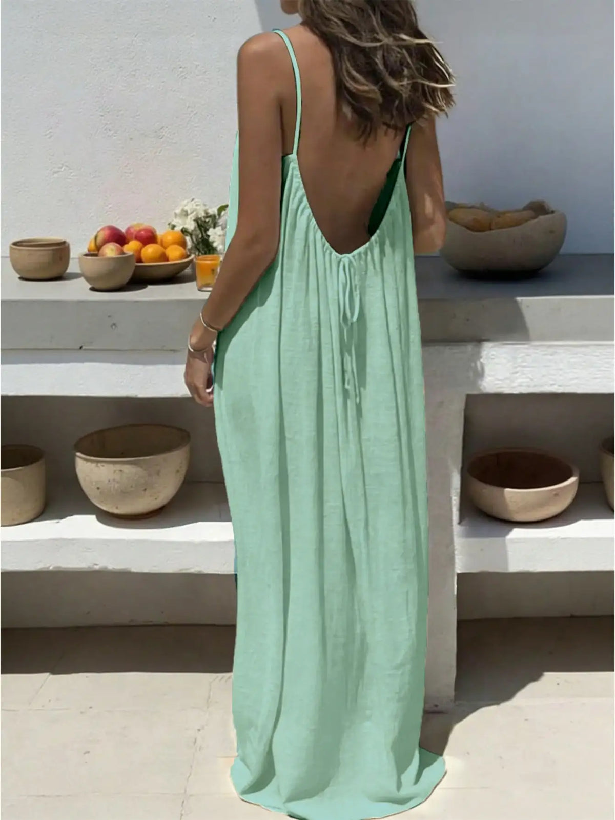 Large-Size Women's Pure-Color Backless Lace-Up Long Loose Casual Comfortable Camisole Dress