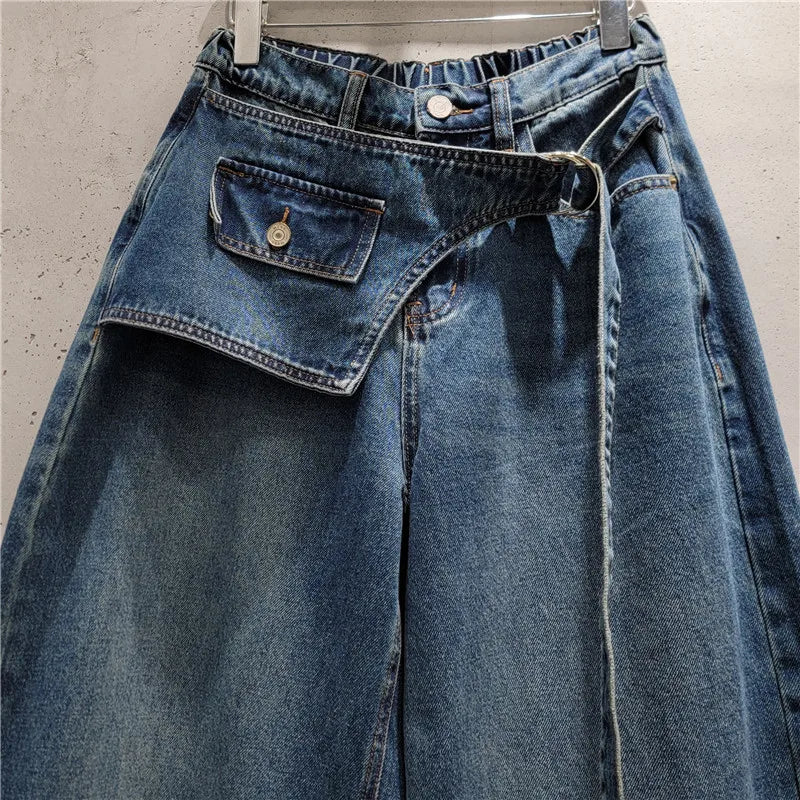 All-match New Spring Autumn Vintage Elastic Waist Women Bootcut Jeans Personality Splicing Fashionable Wide Leg Denim Trousers