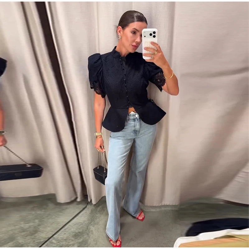 Lace Cutout Peplum Jacket Stand Collar Puff Sleeve Button Front Waist Cinched 2026 Summer Autumn Fashion Women Elegant Top