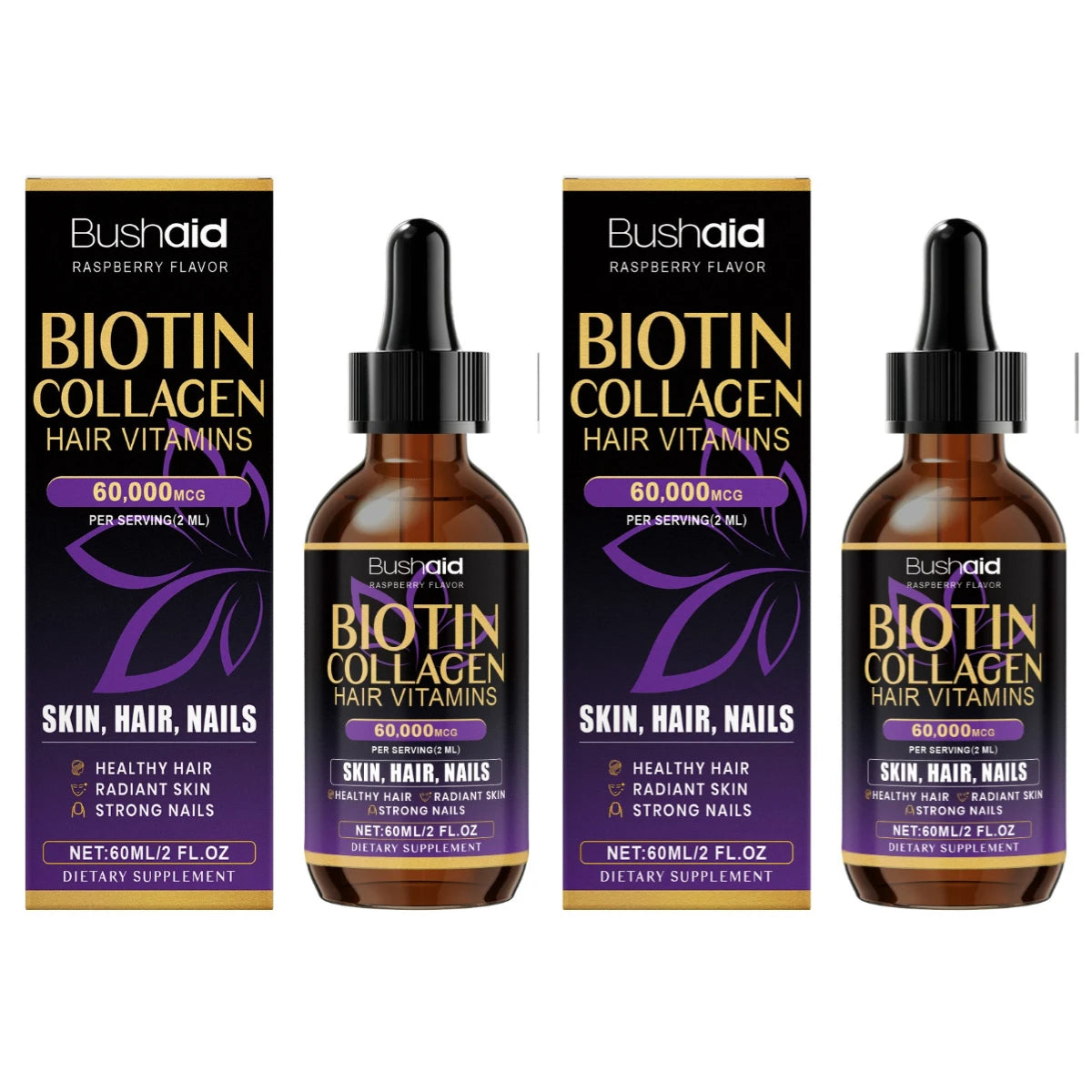 BushAid Biotin Collagen Hair Vitamins Liquid Drops Supports Strong Hair Structure and Helps Maintain Nail Toughness 60ml