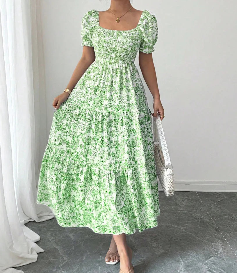 Spring and Autumn Women's Square Neck Short Sleeve Long Skirt Fresh Printed Casual Fashion Slight Backless Temperament Dress