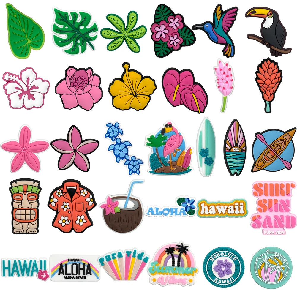 1/30PCS Shoe Charms New Hawaiian Style Flower Surf Board Shoe Accessories Pins for Clog Kawaii Women Men Cute Shoe Decoration