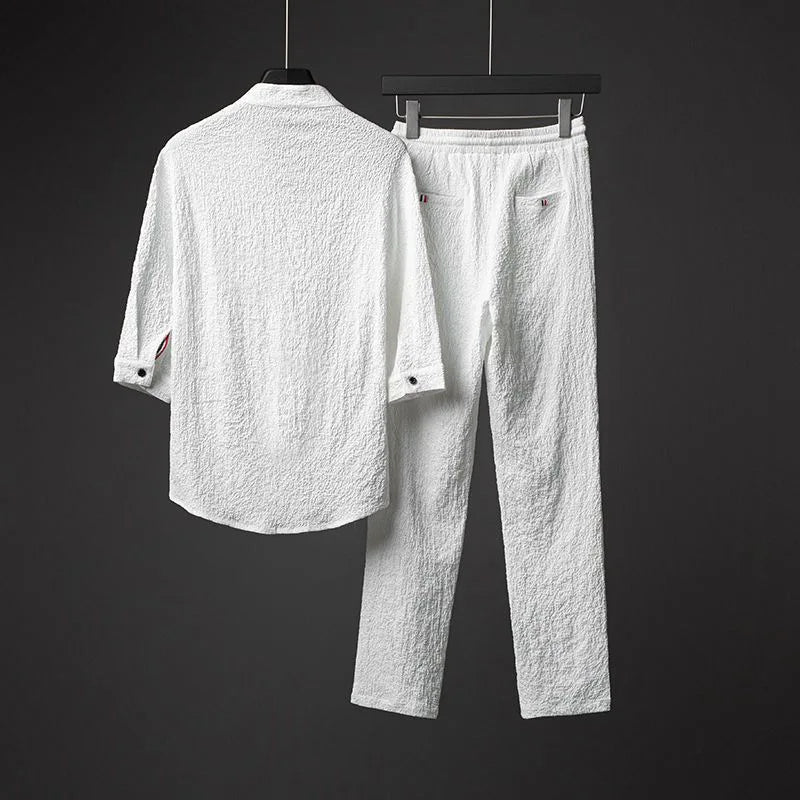 2026 Men's Two Piece Pant Sets Spring Summer Short Sleeve Shirt And Pants Outfits For Men Solid Cotton Linen Clothing Sets Male