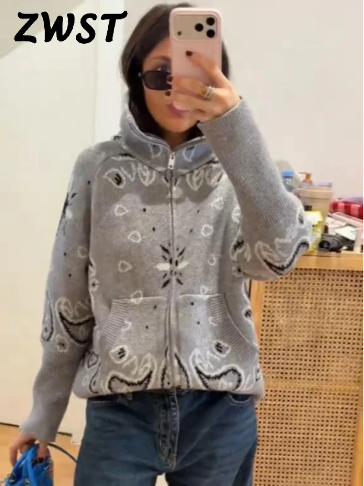 Elegant Knitted Print Women's Cardigan Loose Full Sleeve Stand Collar Zipper Sweaters Female 2026 Autumn Outwear Pockets Lady