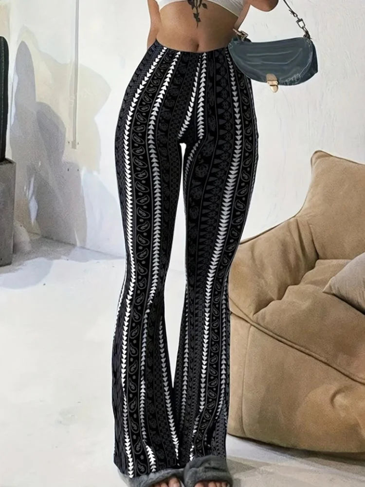 Women Pants Retro Print Flared Leggings Sexy Slim Fit Casual Pants Street Style 2025 Spring Summer Fashion Long Trousers