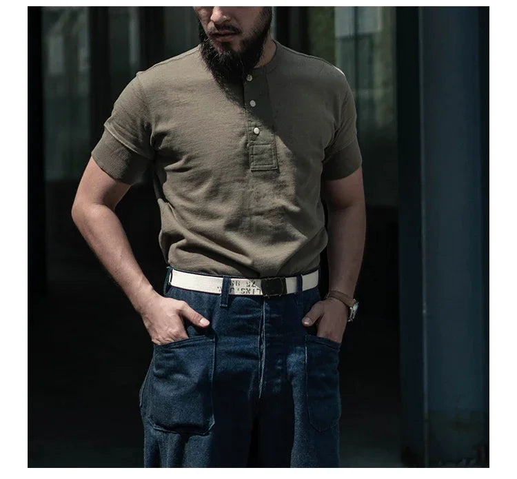 Bronson Vintage Short Sleeve Henley T-Shirt Retro Style Mens Cotton Tee Shirt