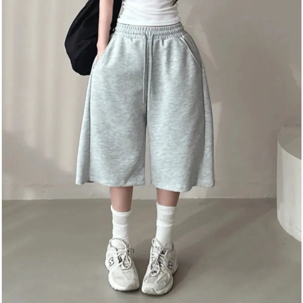 Summer Drawstring Wide Leg Shorts Women Fitness Running Loose Casual Large Sports Shorts Sweat Short High Elastic Lace Up Pants
