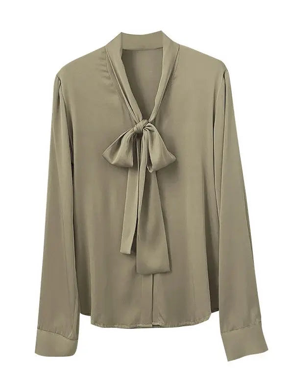 SuyaDream Women's Silk Blouse Long Sleeve Bow Collar Office Chic Solid Color Shirt 93% Silk 7% Spandex Spring 2025