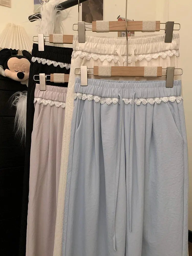 Women Lace Trim Wide Leg Pants Elastic Drawstring Waist Loose Casual Trousers Multiple Colors