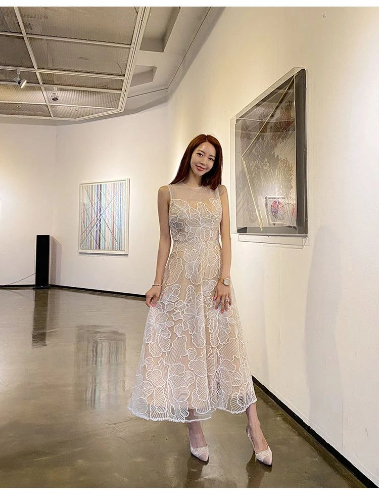 Fashion Slim O-Neck Long Party Casual Dress Hot Sale Summer Dresses Korean Retro Sleeveless Mesh Embroidery Vestidos