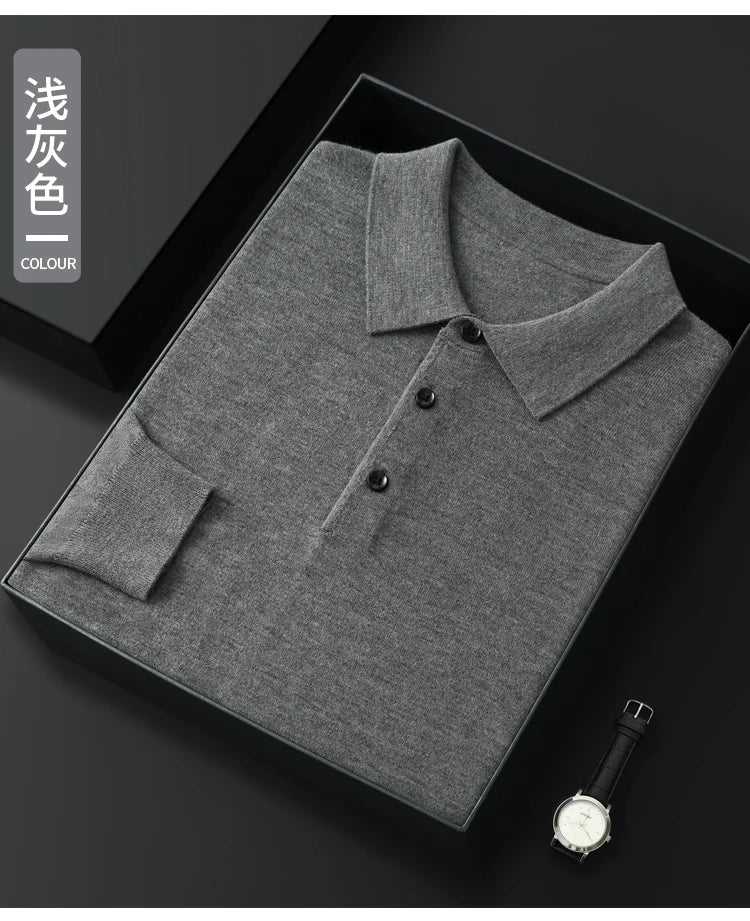Men's Worsted Wool Kknit Pullover, Business Casual Polo Neck Sweater, Monochromatic Loose Top, Autumn and Winter Fashion, New