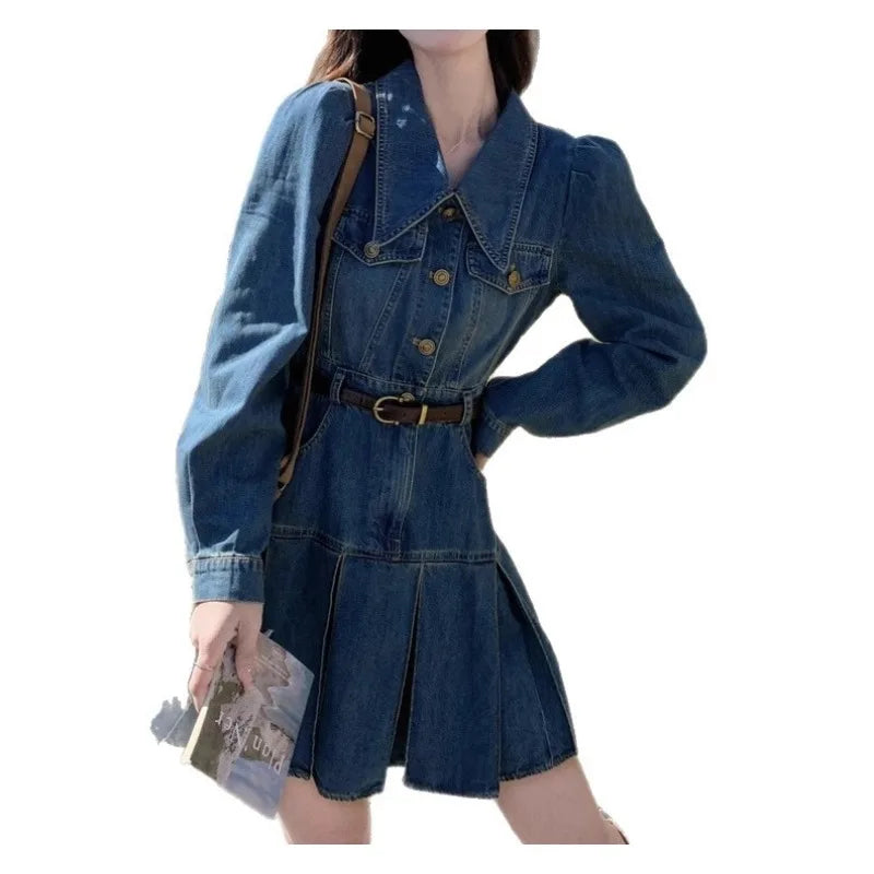 Denim Dress Women's 2026 Spring and Summer New High-end Sense, Unique Design Sense, Waist and Thin Long-sleeved Skirt