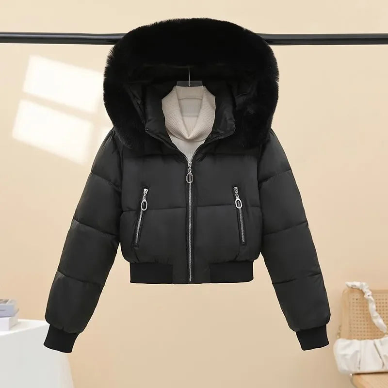 Korean Faux Fur Trim Hooded Puffer Coat Outerwear Women Black Cropped Zip Pocket Rib Hem Loose Short Warm Winter Jacket