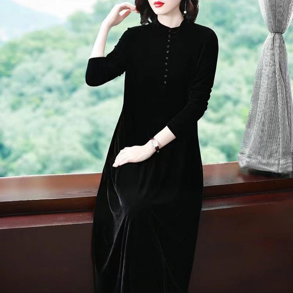Women Fall Dress Solid Color Loose Long Sleeves Button Maxi Dress Keep Warm Velvet Mom Spring Dress Women Clothes