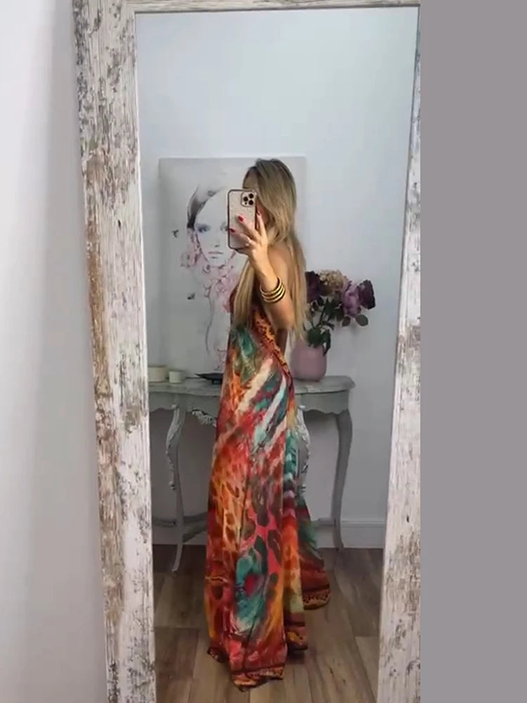 Bohemian Printed Halter Maxi Dress Women Sexy Backless Deep V-neck Sleeveless Off Shoulder Vestido Vacation Date Party Beachwear