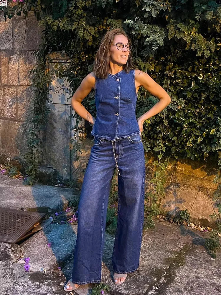 HH 2025 Summer Women Fashion Denim Trousers Set Solid Cropped Vest Top + Chain Lace Up Versatile Female Wide Leg Long Pant