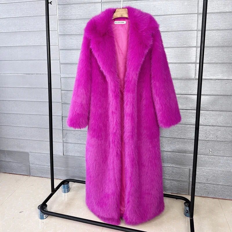 Long Faux Fur Coat Women Autumn Winter Large Jacket Overcoat White Turn Down Collar Pockets Thick Coat Warm Jackets Maxi Coats
