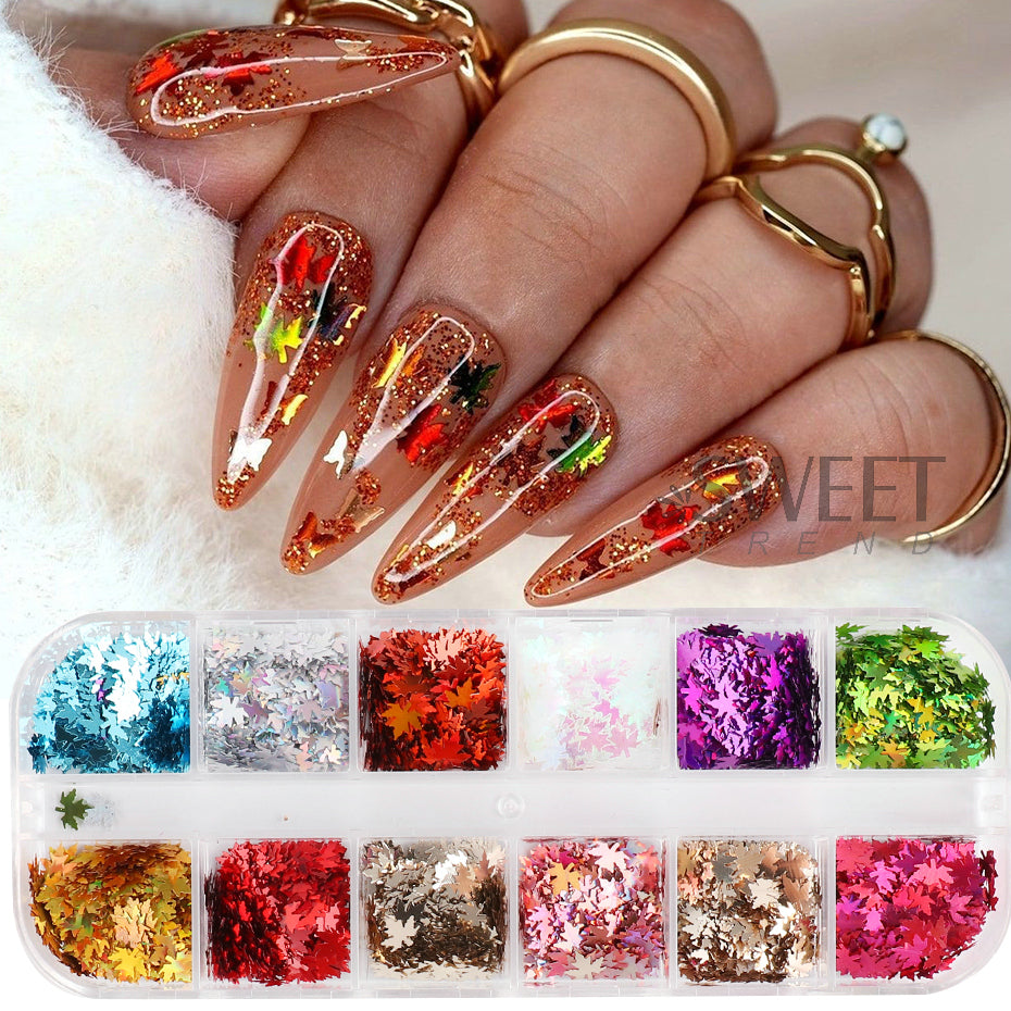 12 Grids Mirror Gold Maple Leaves Nail Art Sequins Autumn Leaf Design DIY Charm Jewelry Fall Theme Glitter Flakes Manicure Decor
