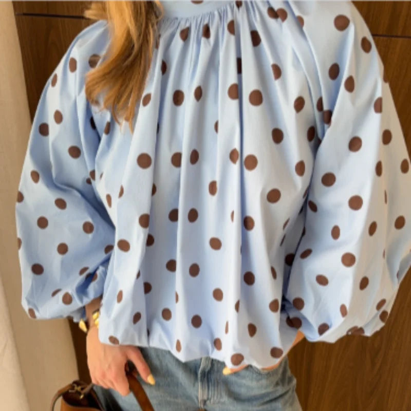  Women High Neck Puff Sleeve Blouse Light Blue Polka Dot Loose Fit Casual Top Stylish Girl Summer Date Commuter Casual Clothes