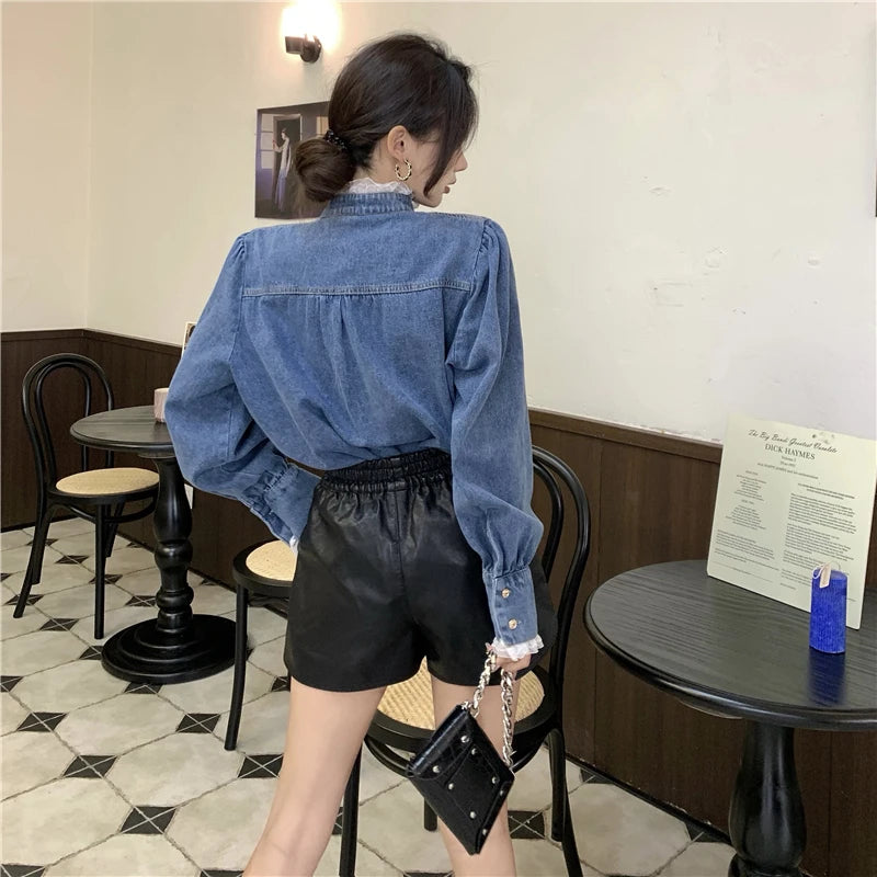 2025 Spring Lace Denim Shirt Women Fashion Patchwork Long Sleeve Blouse Female Loose Stand Collar Button Down Jean Shirts Woman
