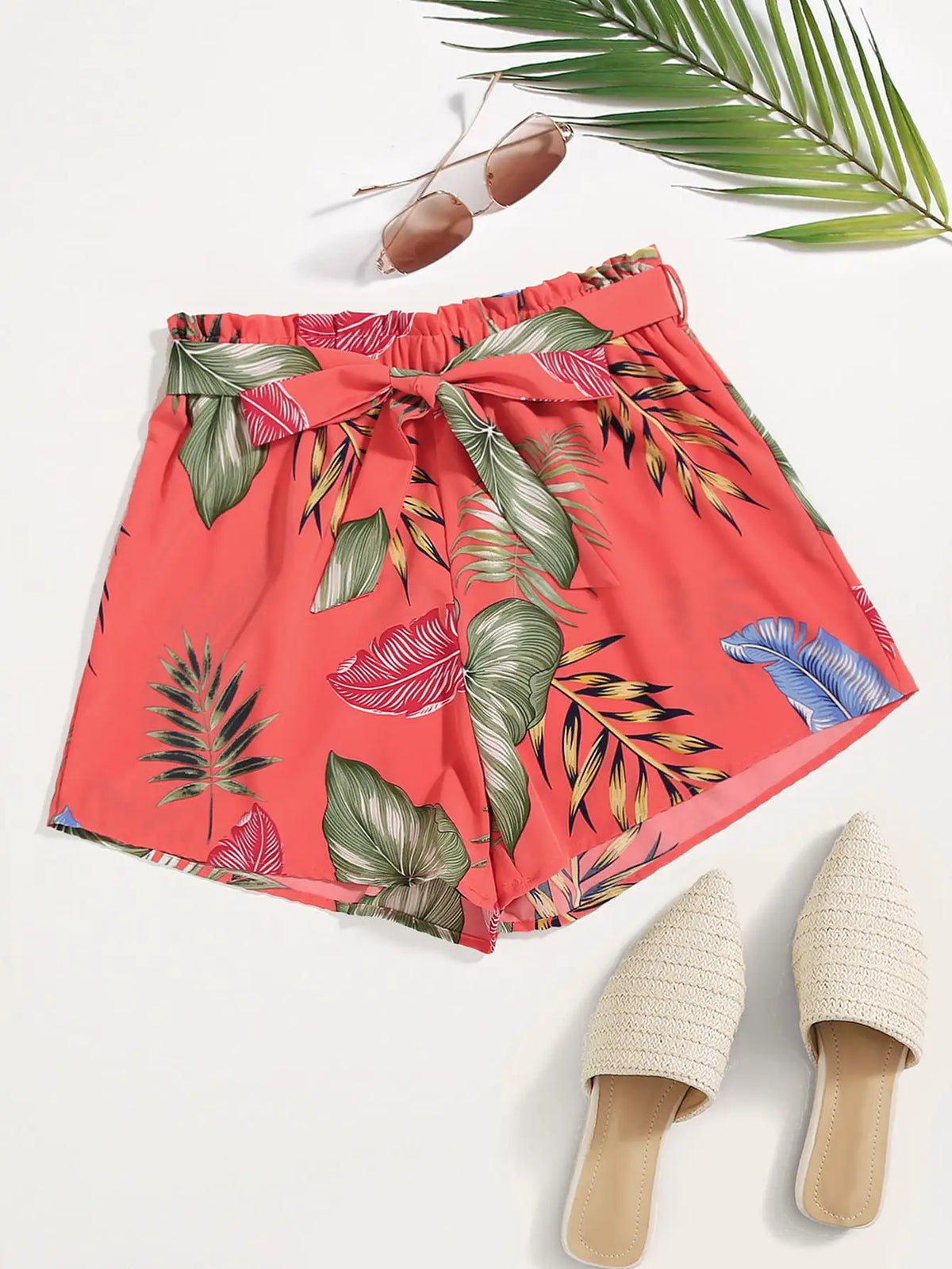 Women's Plus Size Tropical Leaf Print Paperbag Waist Shorts, Tie Belt Loose Wide Leg Chiffon Vacation Beach Casual Shorts