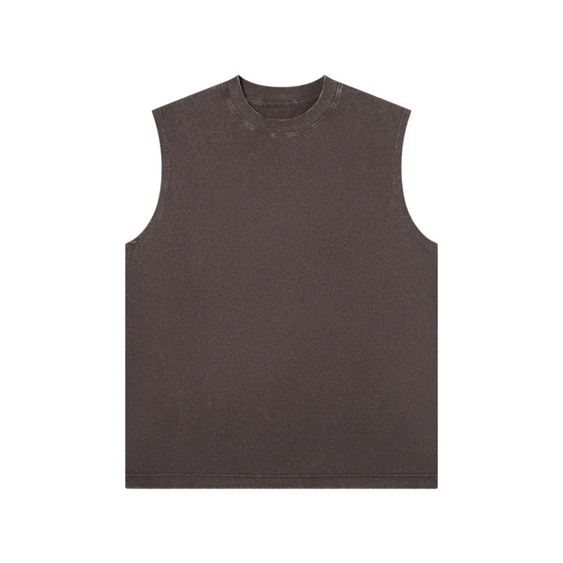 230g Pure Cotton European and American High Street Retro Washed Distressed Sleeveless Vest Men's Casual Loose Shoulder T-shirt