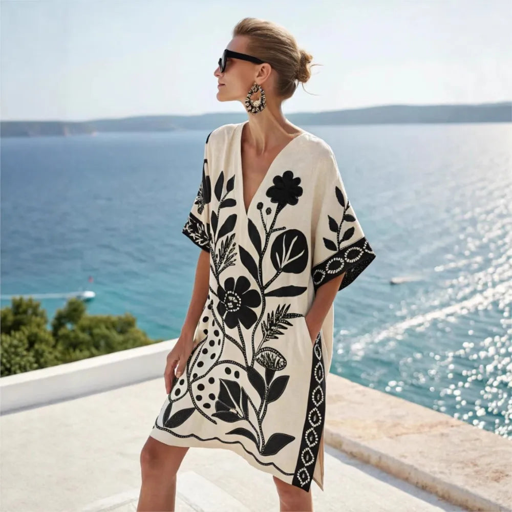 Fashion Retro Printed Short-sleeved Loose Women's Dress New Summer Style Deep V Neck Casual Seaside Vacation Female Dresses 2025