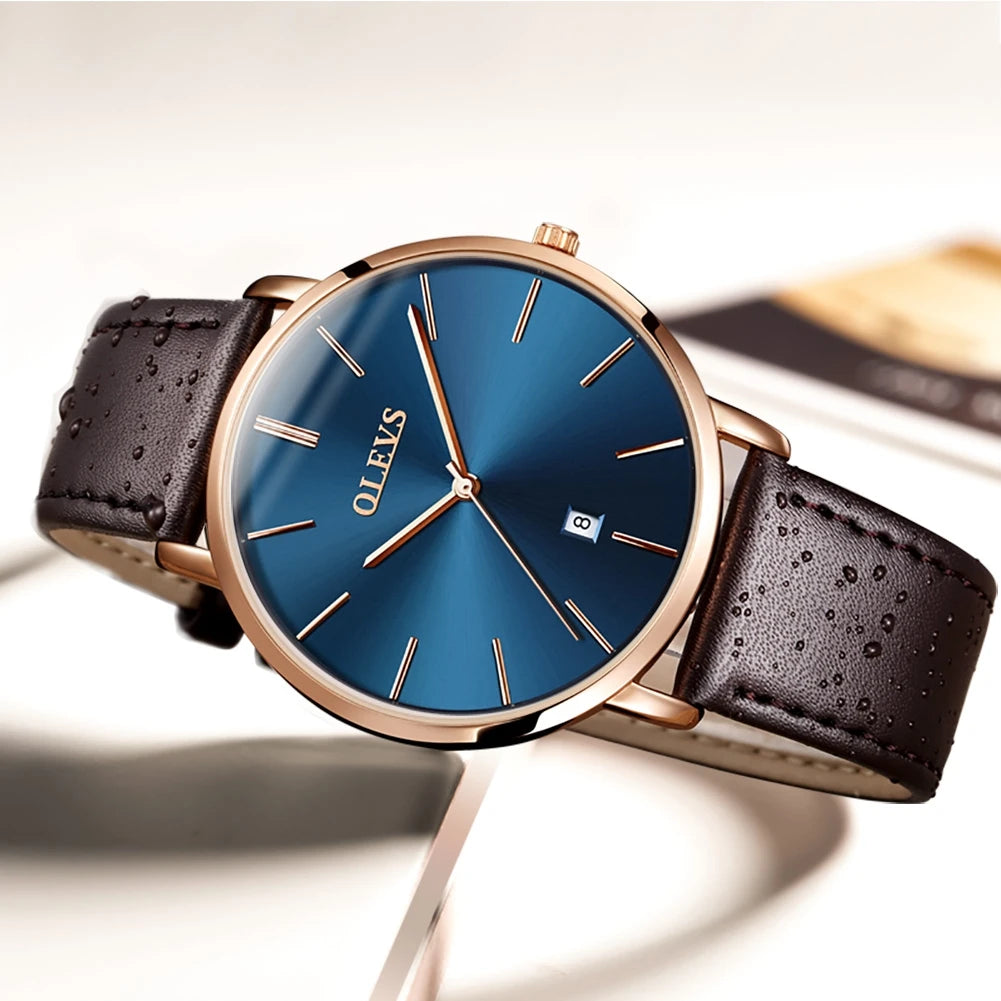OLEVS 5869 Ultra Thin 6.5mm Quartz Watch for Men Fashion Leather Strap Simple Luxury Auto Date Clock Men's Wristwatch Waterproof
