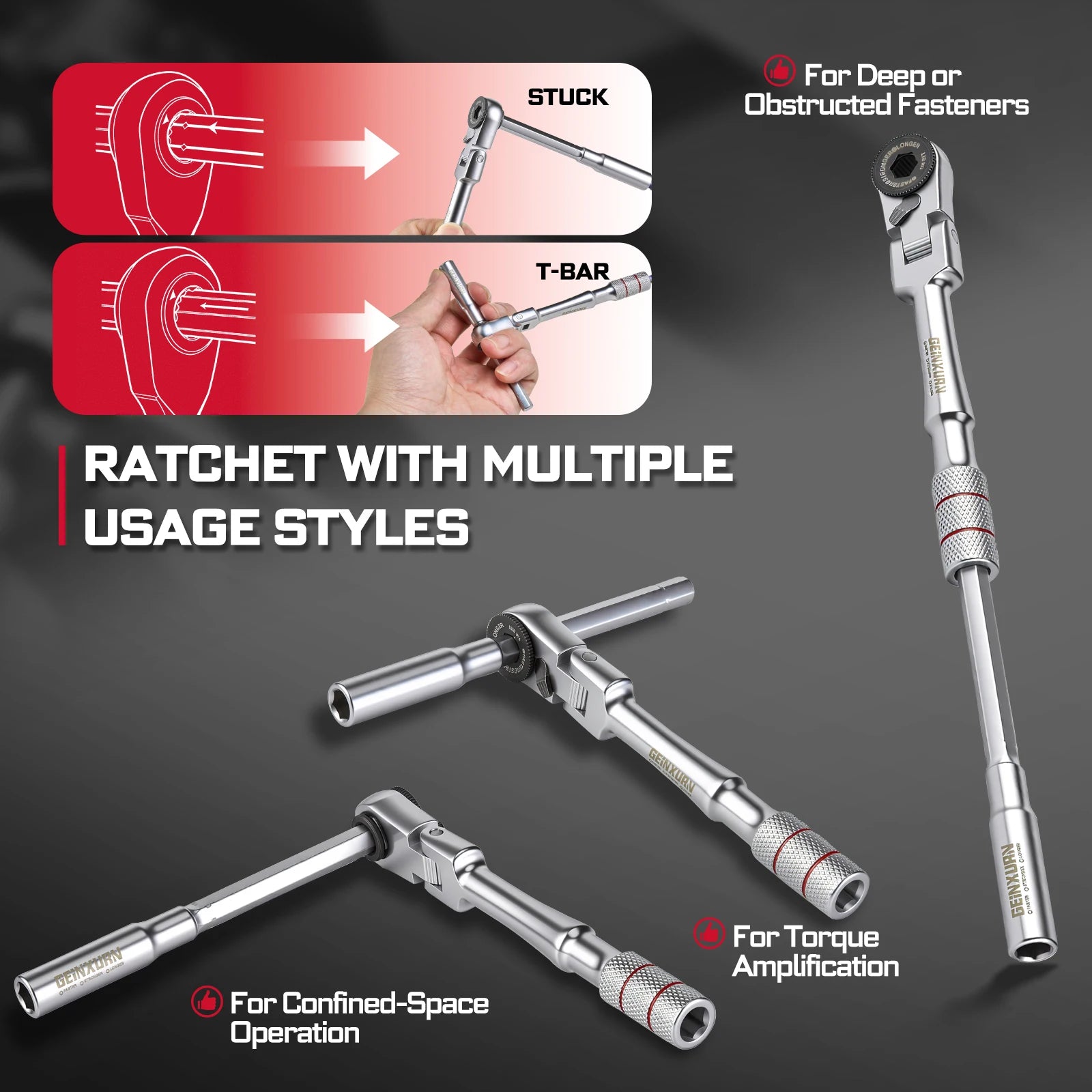 Geinxurn 1/4-inch Ratchet Wrench Set, Multi-Angle Design, Portable Hand Repair Tool Kit, for Confined Spaces & Daily Repairs