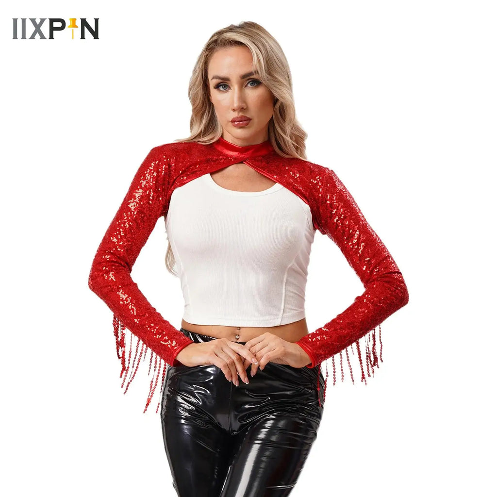 Womens Glitter Sequin Fringe Bolero Long Sleeve with Tassel Allover Sequin Shrugs Shawls Cropped Cardigan for Music Raves Party