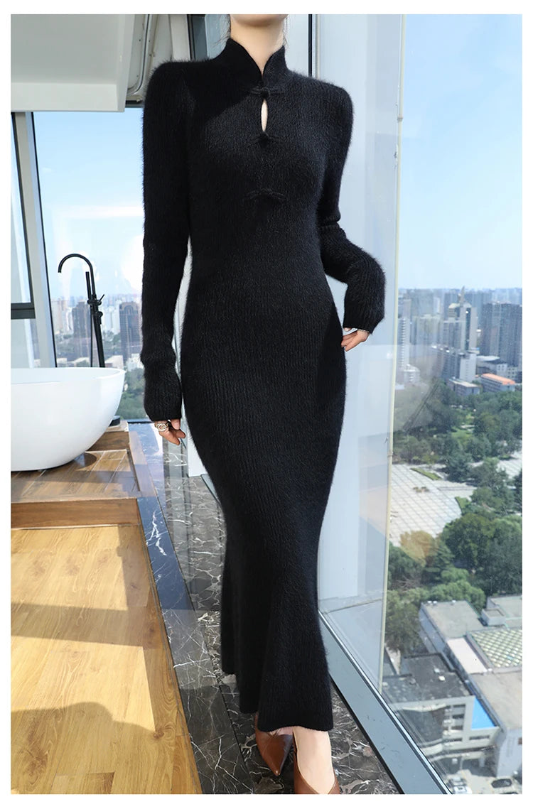 100% Mink Cashmere Knitted Dress Ladies Stand Collar Buckle Long Skirts Retro High Waist Over Knee Slim Dress New Thick Sweater