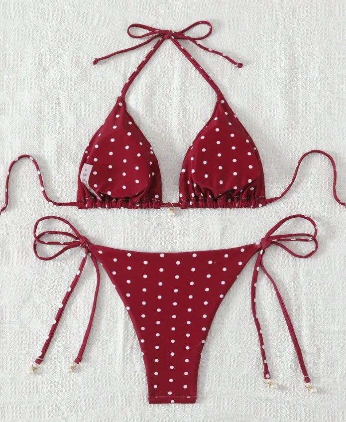 Women Retro Red Polka Dot Halter Bikini Set Adjustable Tie Triangle Two Piece Swimsuit Removable Pad Brazilian  Swimwear S-XL